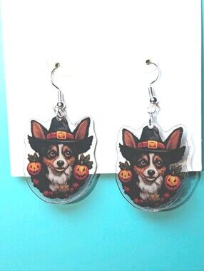 Hand Crafted Black & Orange Corgi Witch Dangle Earrings